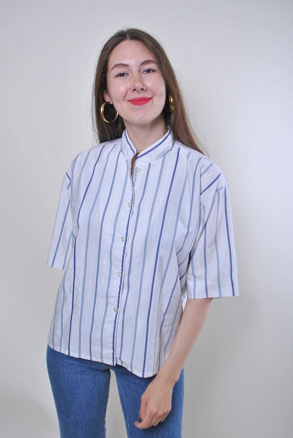 90s Vintage Striped Blouse: Minimalist High Neck Top, Size L