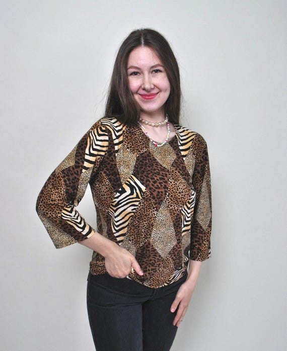Vintage Y2K Patchwork Animal Print Top, Leopard Zebra Cheetah Diamond Blocks