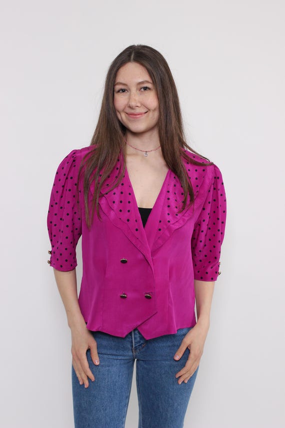 Magenta Polka Dot Blouse Double Breasted Puff Sleeve Made in Germany 80s M