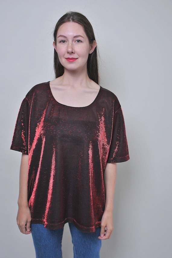 90s neon blouse in red, vintage flower print metallic blouse, Size L