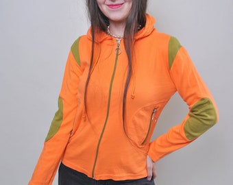 Vintage orange zipped up hoodie, women 90s sport shirt, Size S