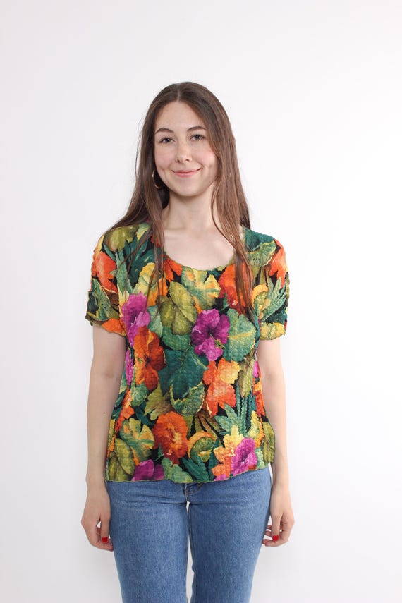 Vintage 90s French Floral Crinkle Blouse, Bold Tropical Garden Top Size L