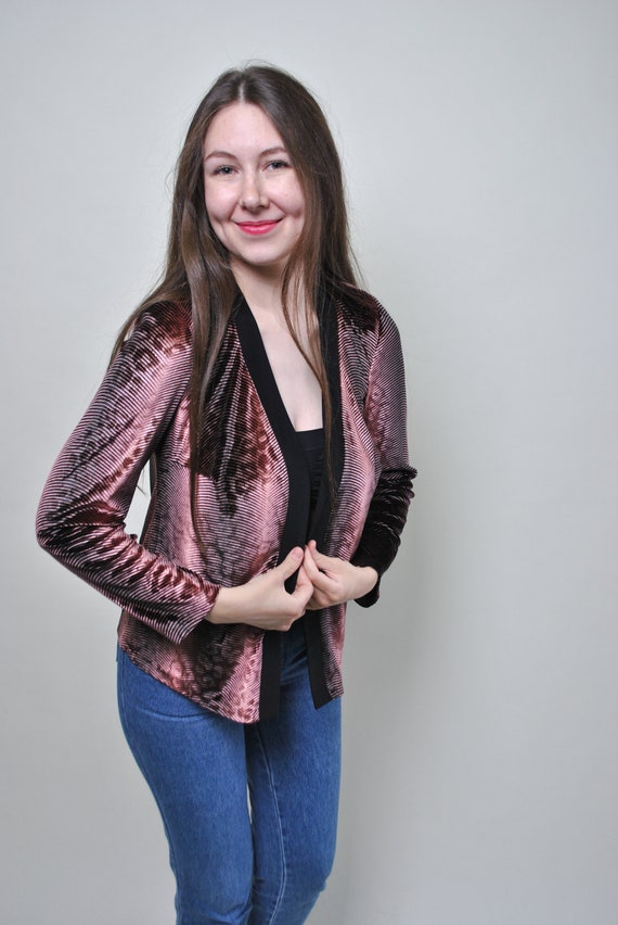 Vintage 90s Rose Gold Metallic Ribbed Bolero, Copper Black Glam Cardigan Size M