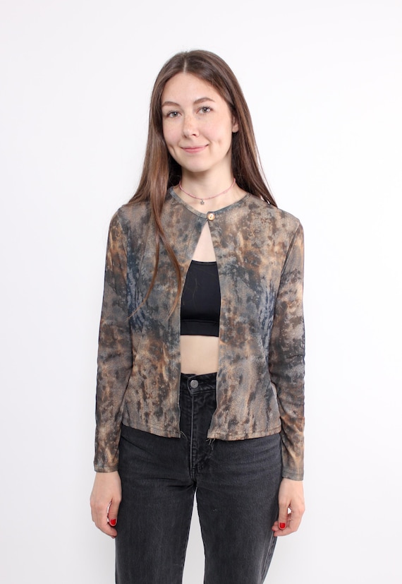 90s Brown Tie Dye Top Vintage Fitted Keyhole Long Sleeve Cardigan Size S