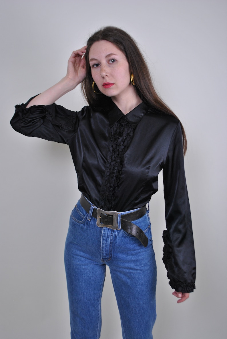 Lace black Blouse 1990s 1980s Vintage womens wmns Retro Summer One colour Boho Hipster Casual Office Holiday Long Sleeve Autumn Spring shirt