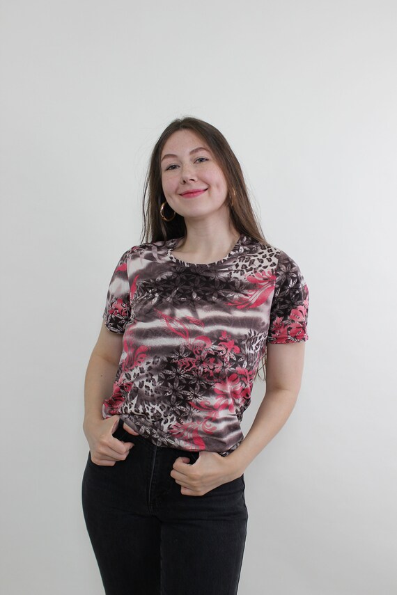 Y2K Floral Animal Print Crop Top Vintage Short Sleeve Fitted Mesh Size S