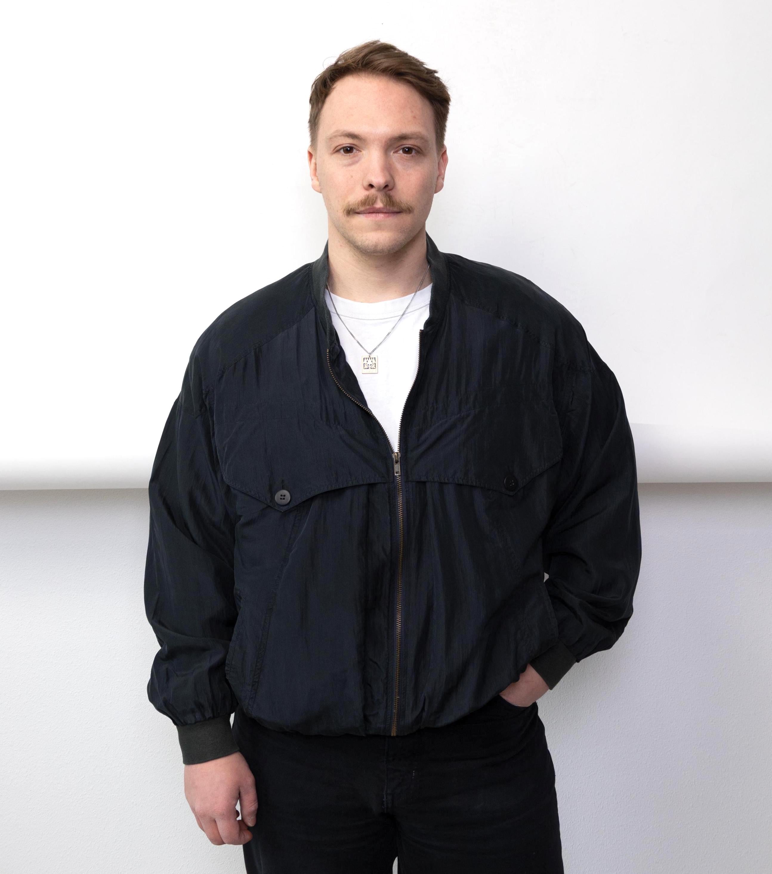 Black Silk Bomber Jacket 90s Vintage Oversized Minimalist Mens Zip