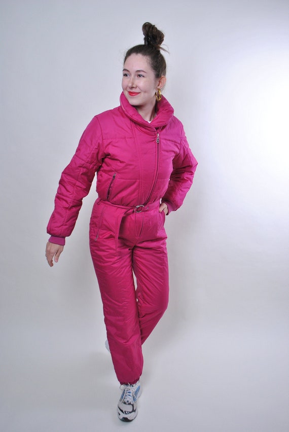 Vintage Bogner one piece pink ski suit, retro snow