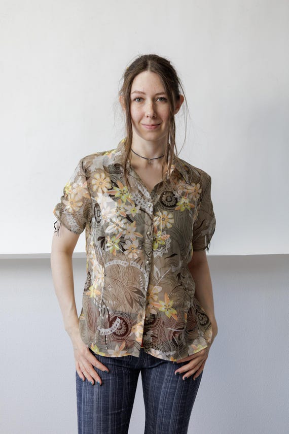 Y2k Sheer Chiffon Floral Blouse Taupe Brown Lace Trim Boho Button Up Top  M