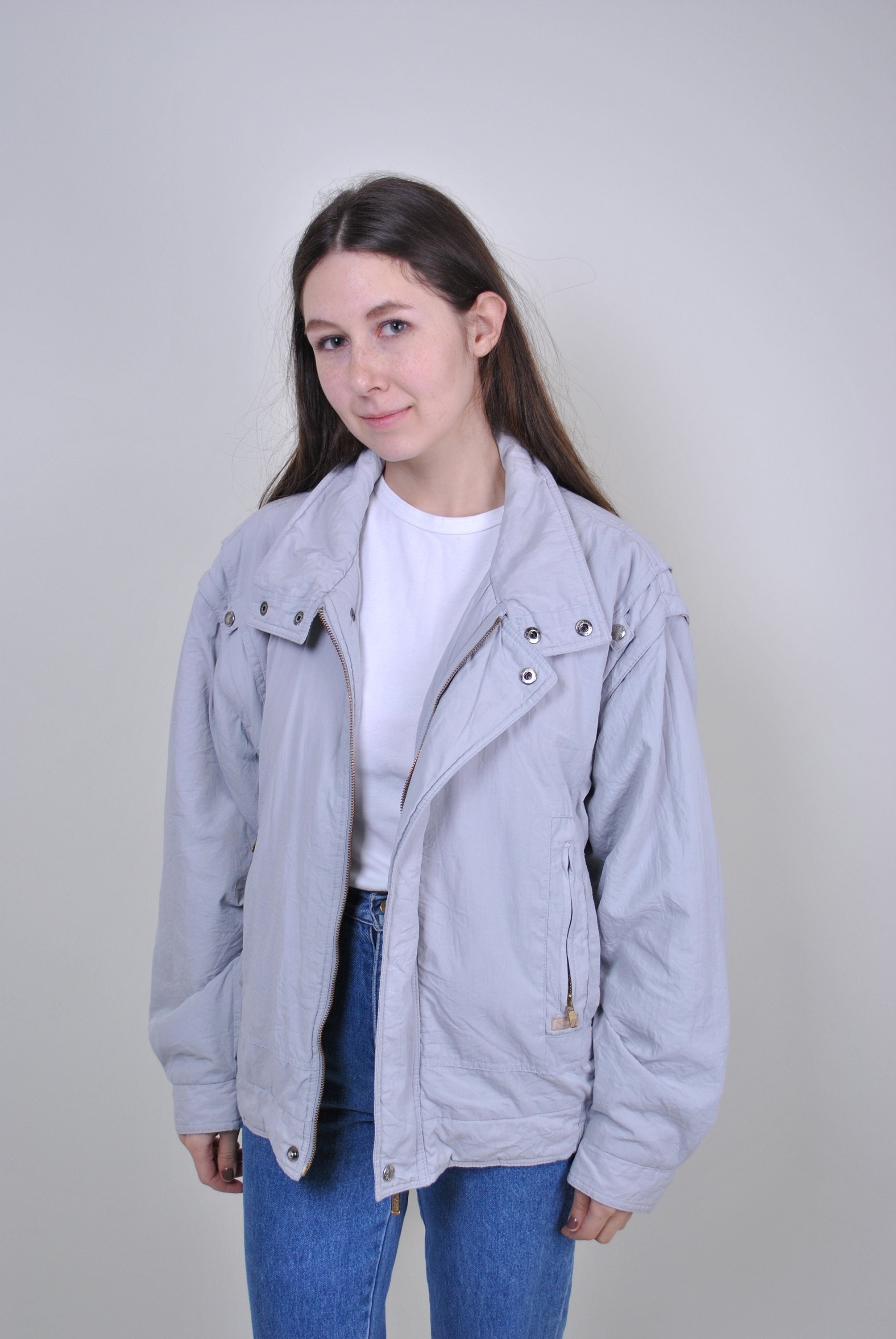 90s minimalist jacket, work wear bomber LARGE size casual utility spring overcoat, Size L