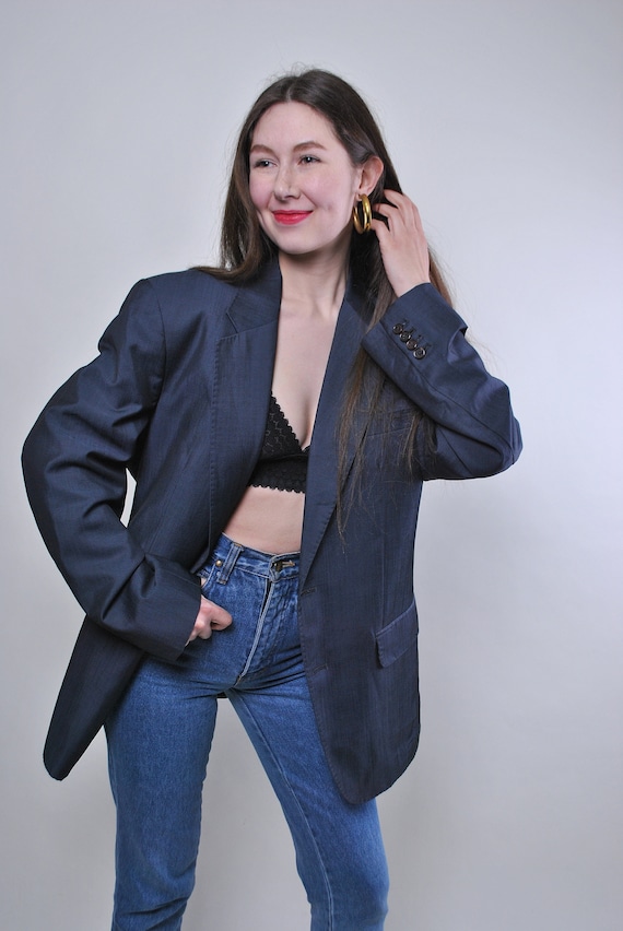 80s Navy Peak Lapel Blazer Oversized Boyfriend Single Button Vintage Tailored Jacket Large