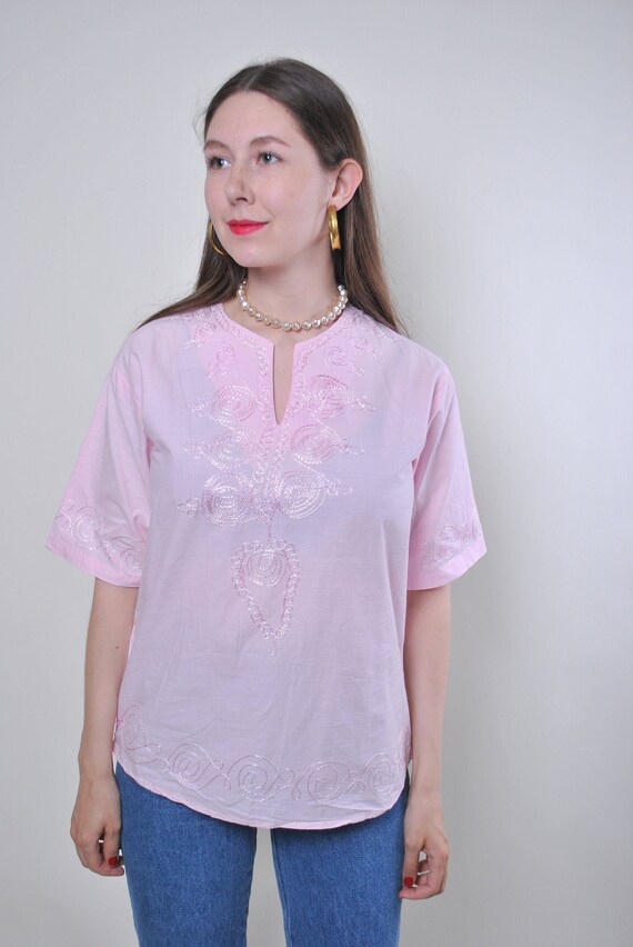 Vintage 90s embroidered blouse, pink flowers top, sheer floral shirt, Size S