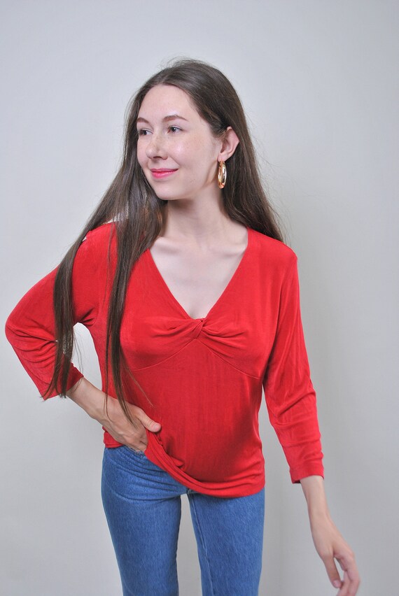 Vintage Red Twist Front Top, Y2K Knot V-Neck Blouse, Mob Wife Style