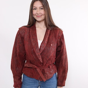 90s floral leather crop jacket, vintage flowers print cropped jacket with belt, Size M