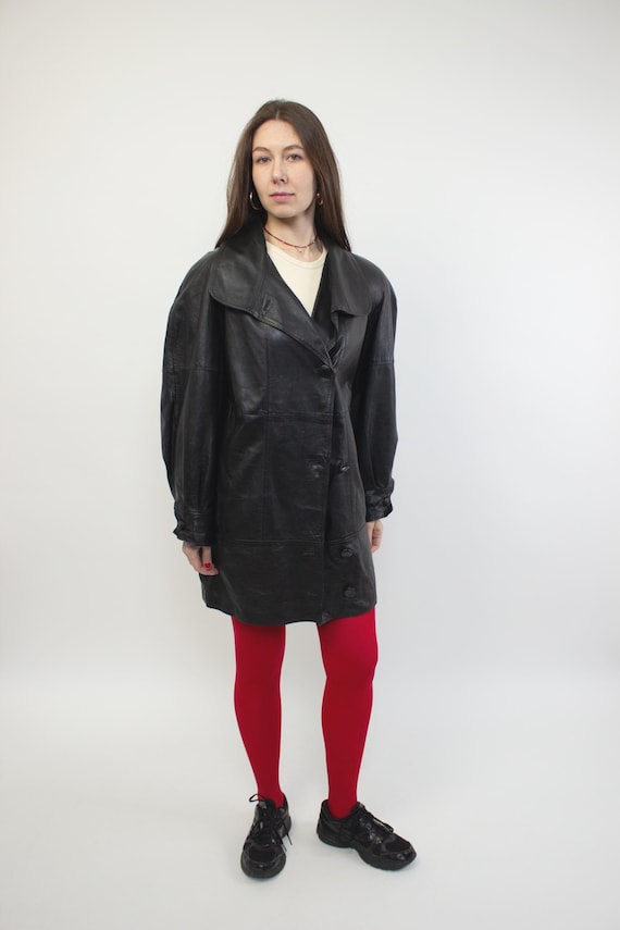 Vintage 90s Brown Leather Trench Coat, Oversized Minimalist Leather Jacket, Size M/L