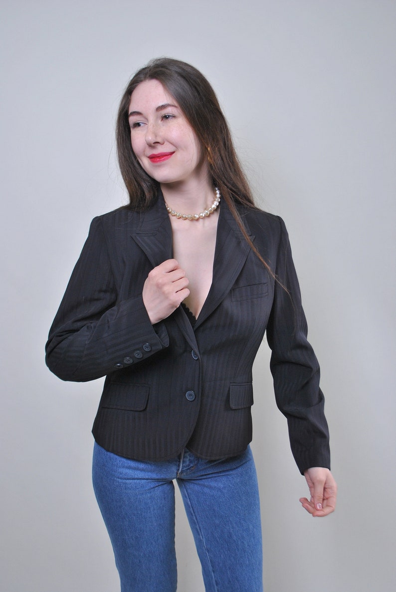 Vintage striped formal suit black blazer Size M retro woman jacket