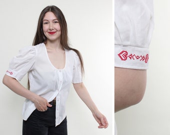 Vintage white blouse, crop blouse, lace blouse, Size M