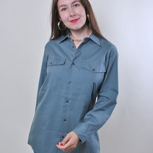 90s work wear button up, Vintage grey minimalist military long sleeve shirt, Size M