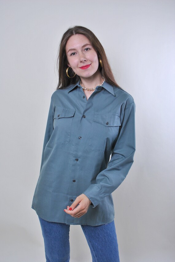 90s work wear button up, Vintage grey minimalist military long sleeve shirt, Size M