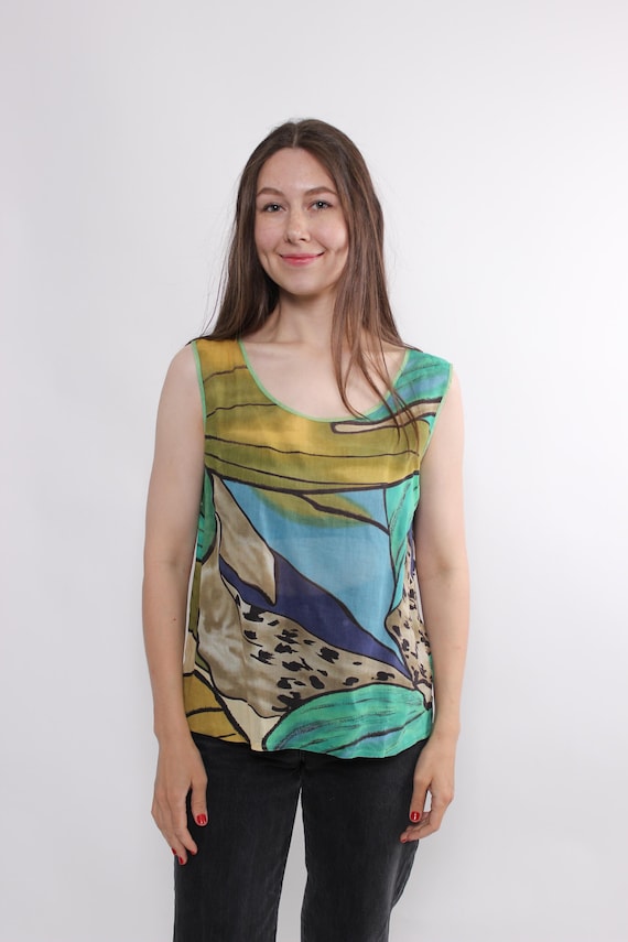 Vintage Multoclour Abstract Top, 90s Lightweight Sleeveless Artsy Summer Blouse, Size L