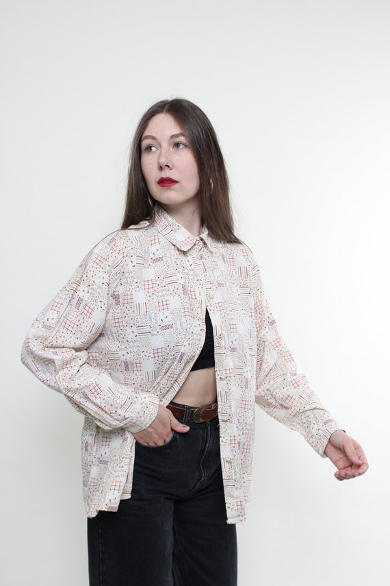 90s Cream Patchwork Print Blouse Vintage Long Sleeve Button Up Shirt Size L