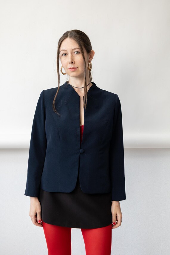 90s Navy Band Collar Blazer Vintage Sleek Minimalist Single Button Evening Jacket Size M