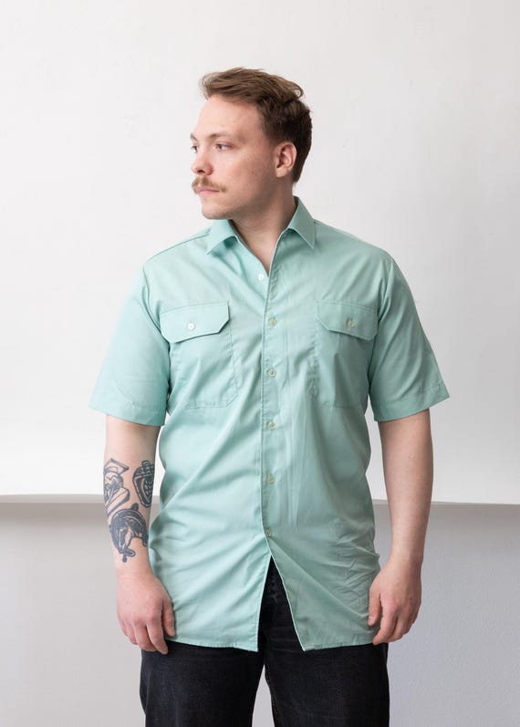 80s Mint Green Button Up Shirt Vintage Mens Flap Pocket Seafoam Size M