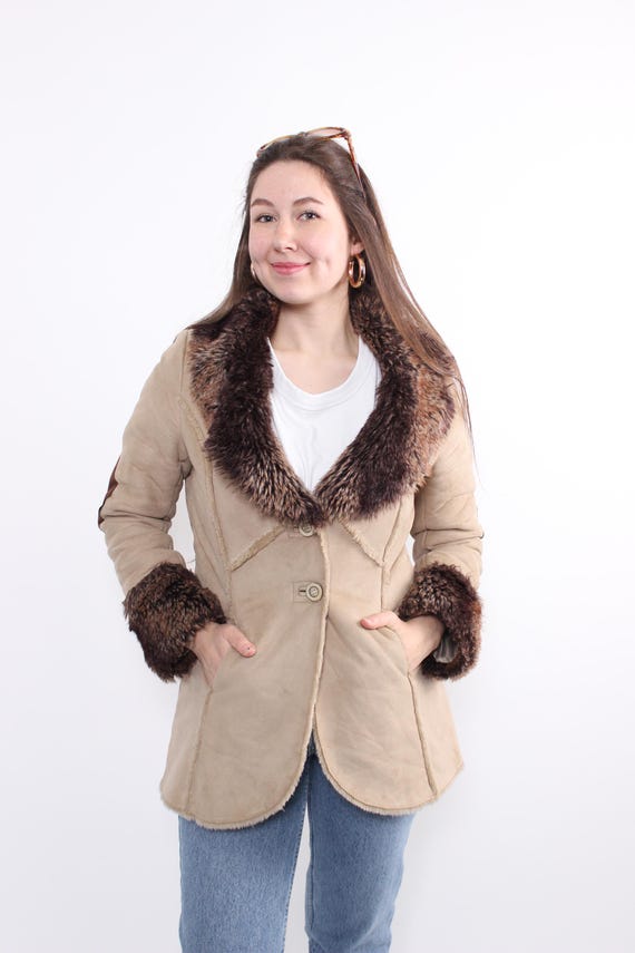 Vintage Faux Fur Trim Coat, Shearling Jacket, Suede Look Penny Lane Coat, Size S