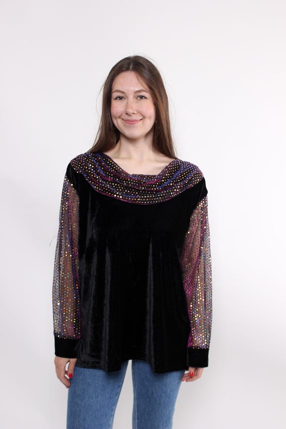 90s Sheer Velvet Blouse: Vintage Black Party Top, Size XXXL