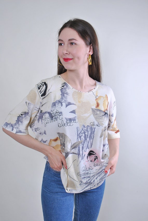 90s Vintage Floral Print Blouse - Abstract Beige Tee, Size L