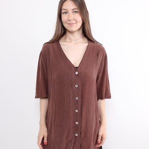 90s Viscose Cupro Blouse: Brown Oversized Short Sleeve Shirt, Size L