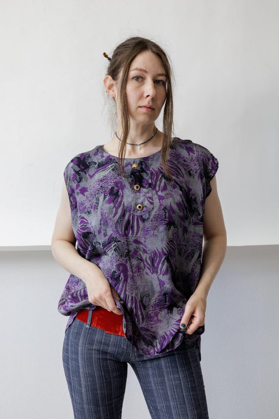 80s Purple Abstract Animal Print Top Vintage Gold Button Boxy Sleeveless Shell Blouse  L