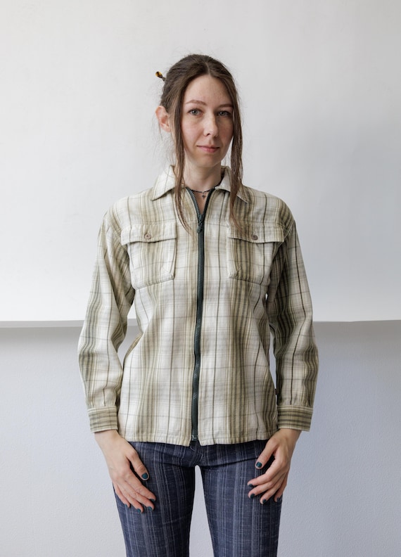 90s Plaid Zip Front Shacket Vintage Sage Beige Green Check Shirt Jacket Utility M