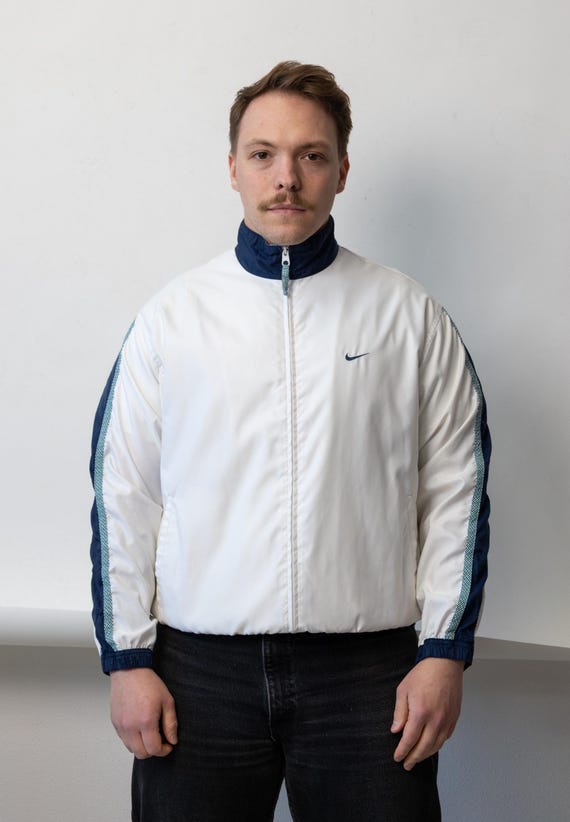 Nike Track Jacket White Navy Y2K Vintage Windbreaker Size M