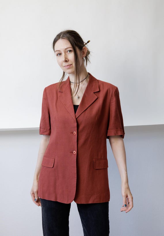 90s Rust Linen Short Sleeve Blazer Vintage Notched Lapel Longline Single Breasted Jacket L
