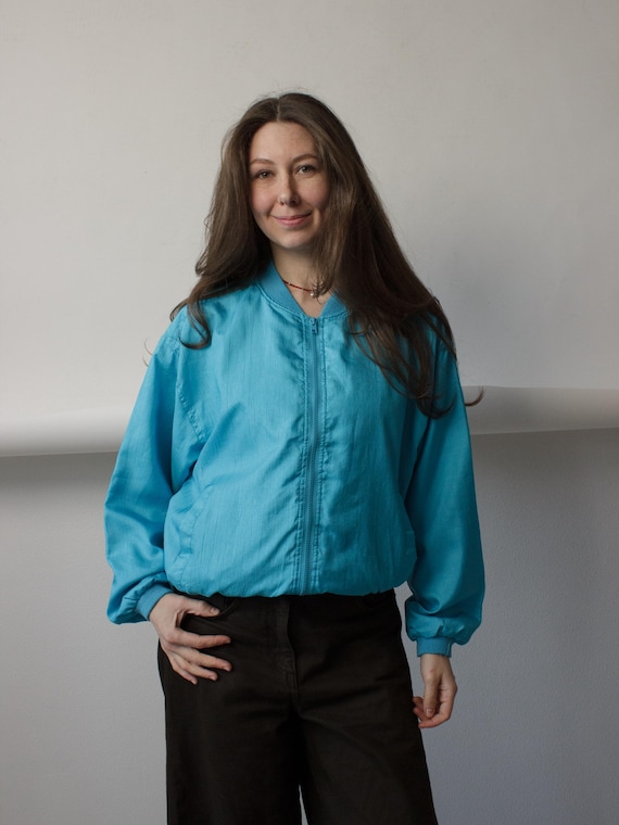 Turquoise Satin Bomber Jacket, 90s Oversized Zip-Up with Ribbed Collar and Cuffs, M