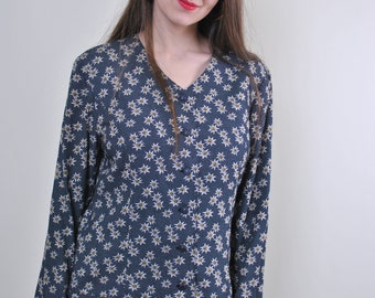 90s floral top, vintage woman grey flowers print long sleeve casual blouse, Size M