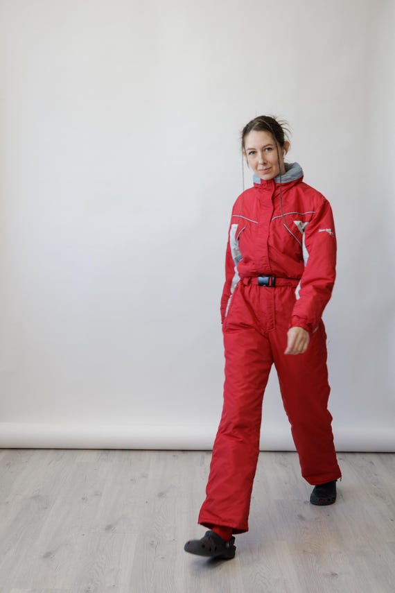 90s Brugi Red Grey Colorblock Vintage Ski Suit One Piece Snowsuit Reflective Size M