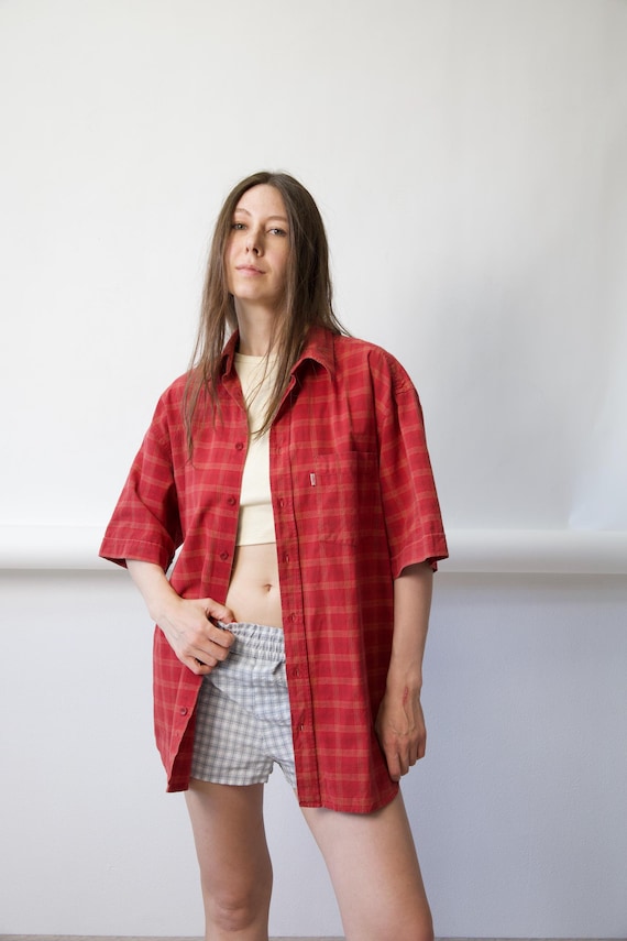90s Red Plaid Button Shirt Vintage Oversized Size L