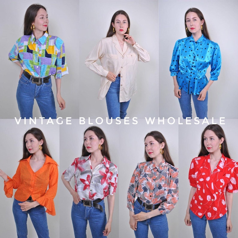 May include: A collection of vintage blouses in various styles and colors. The blouses include a cream-colored button-down, a blue satin blouse with black polka dots, and blouses with floral and geometric patterns. The text "VINTAGE BLOUSES WHOLESALE" is displayed.