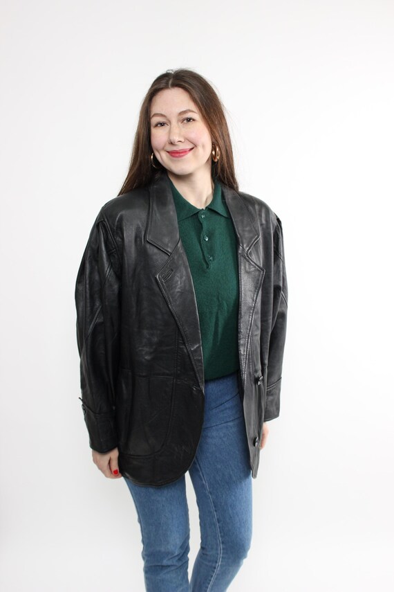 Vintage 90s Black Leather Jacket, Oversized Leather Coat, Minimalist Grunge Blazer, Size M