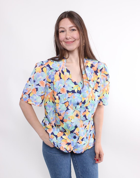 90s Watercolor Floral Blouse Vintage Padded Shoulder V Neck  Size M