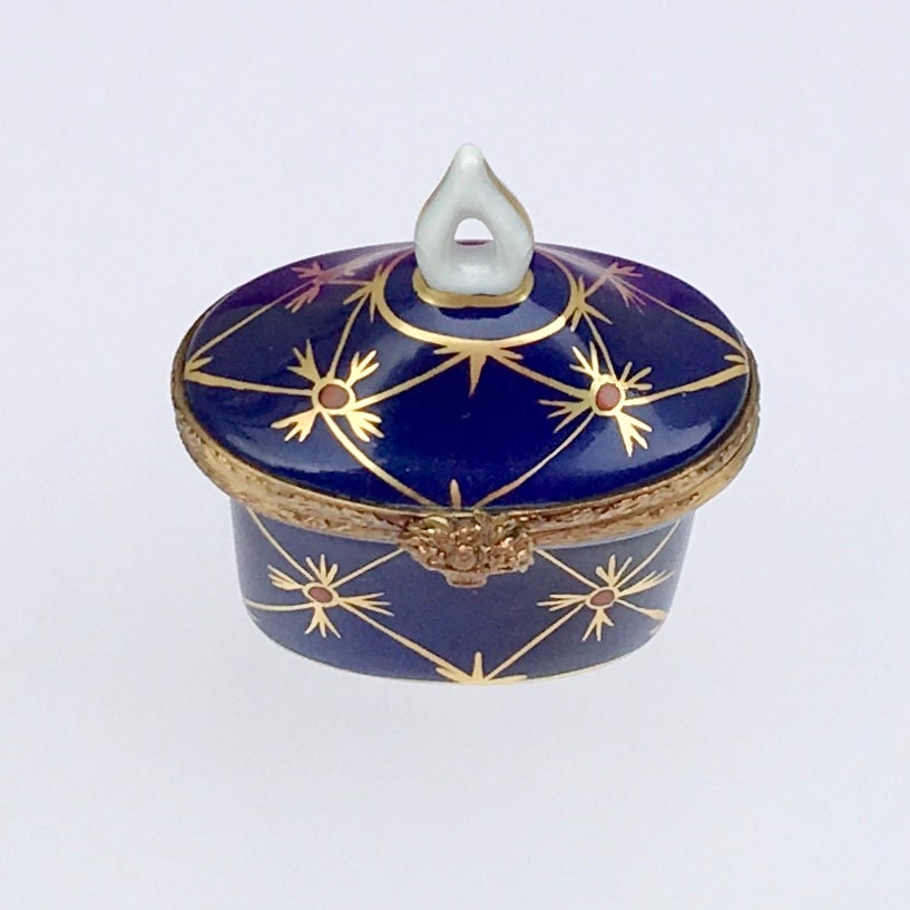 Limoges Porcelain trinket box Oval shaped blue and gold Etsy