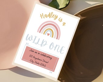 Wild One rainbow birthday party invitation. First birthday. Kids birthday. Girls birthday. Spring/ summer birthday.