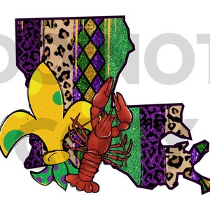 Louisiana Mardi Gras PNG: Langusten, Fleur de Lis, lila / gelb / grün Sublimation niedliches Design für Erwachsene und Kinder
