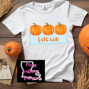 Blue boys gingham pumpkin name plate PNG: fall thanksgiving design