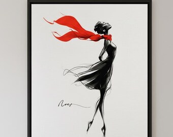 Black Woman Line Art Print -Red Scarf, Modern Fashion Silhouette
