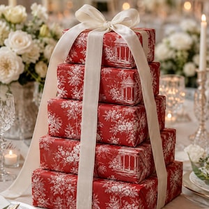 Könnte beinhalten: Ein Stapel aus fünf rechteckigen Geschenkboxen, eingewickelt in rotes Papier mit einem weißen Blumen- und Pavillon-Toile-Muster. Die Boxen sind mit einem langen, breiten, cremefarbenen Satinband zusammengebunden, das oben eine große Schleife bildet.