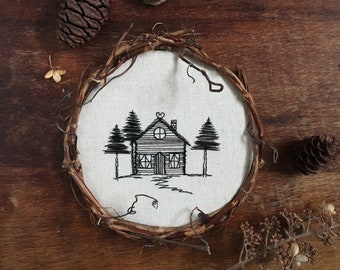 Folktale Cottage Thread Sketch Grapevine Wreath