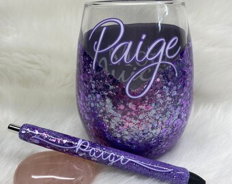 Glitter Stemless Wine Glass & Glitter Pen Gift Set / Gift for Her / Personalized Set / Peek-a-Boo / Mom Juice